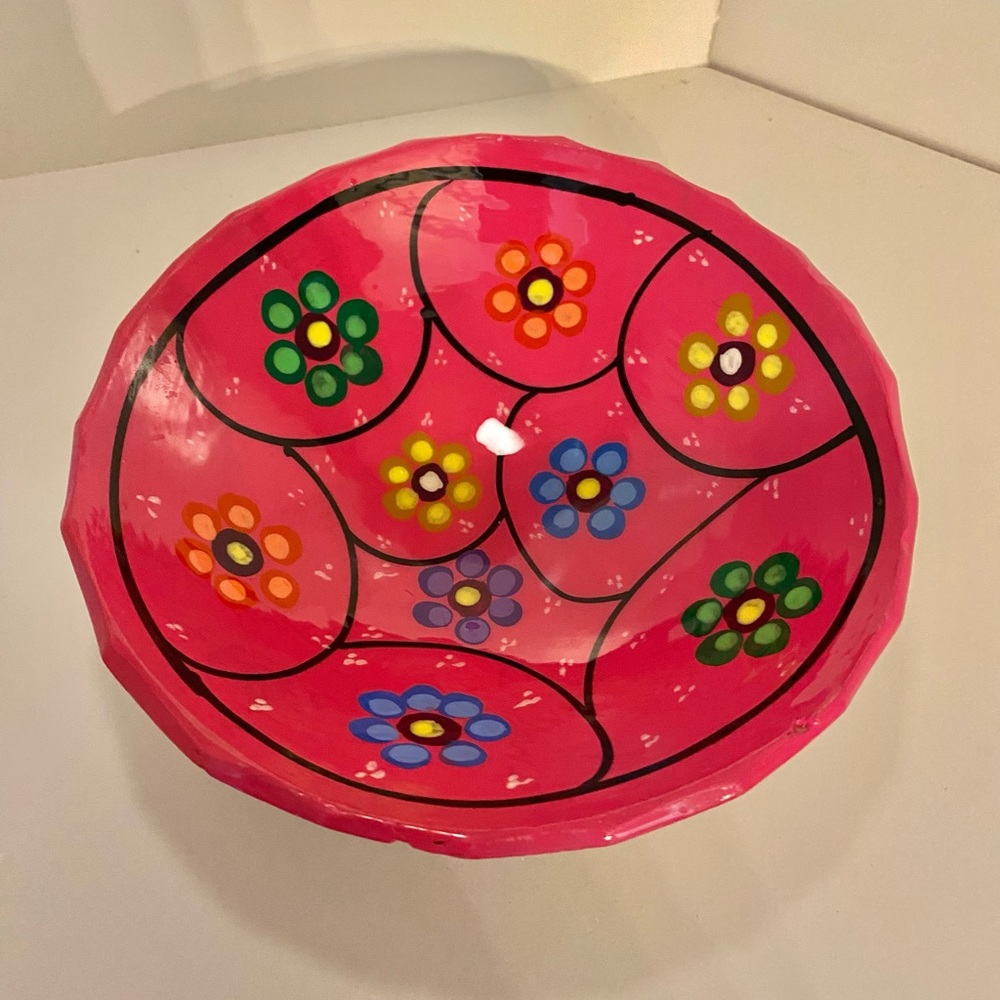 Mexican Talavera Pottery 3 Footed Salsa/Trinket Bowl Hot Pink with Flowers 5.5”